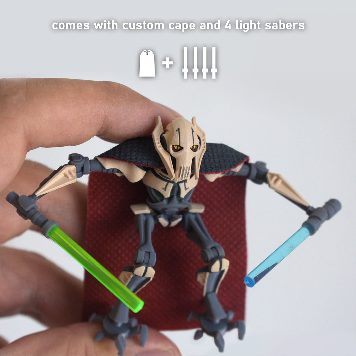 lego general grievous with cape and light sabers held in hand