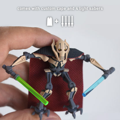 lego general grievous with cape and light sabers held in hand